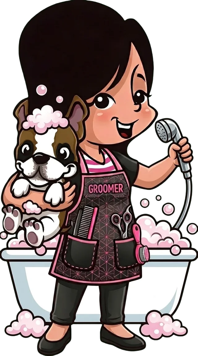 Ilustração de uma tosadora sorrindo, segurando o chuveirinho e dando banho em um cachorrinho na banheira com espuma
